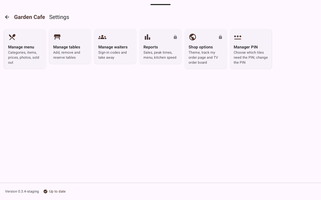 Android kitchen Settings: six tiles, two locked, and the version line