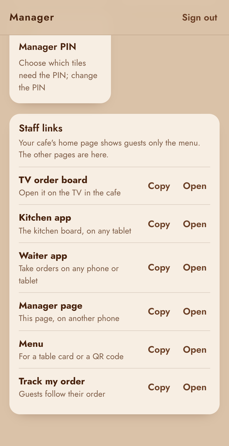 Staff links with Copy and Open buttons