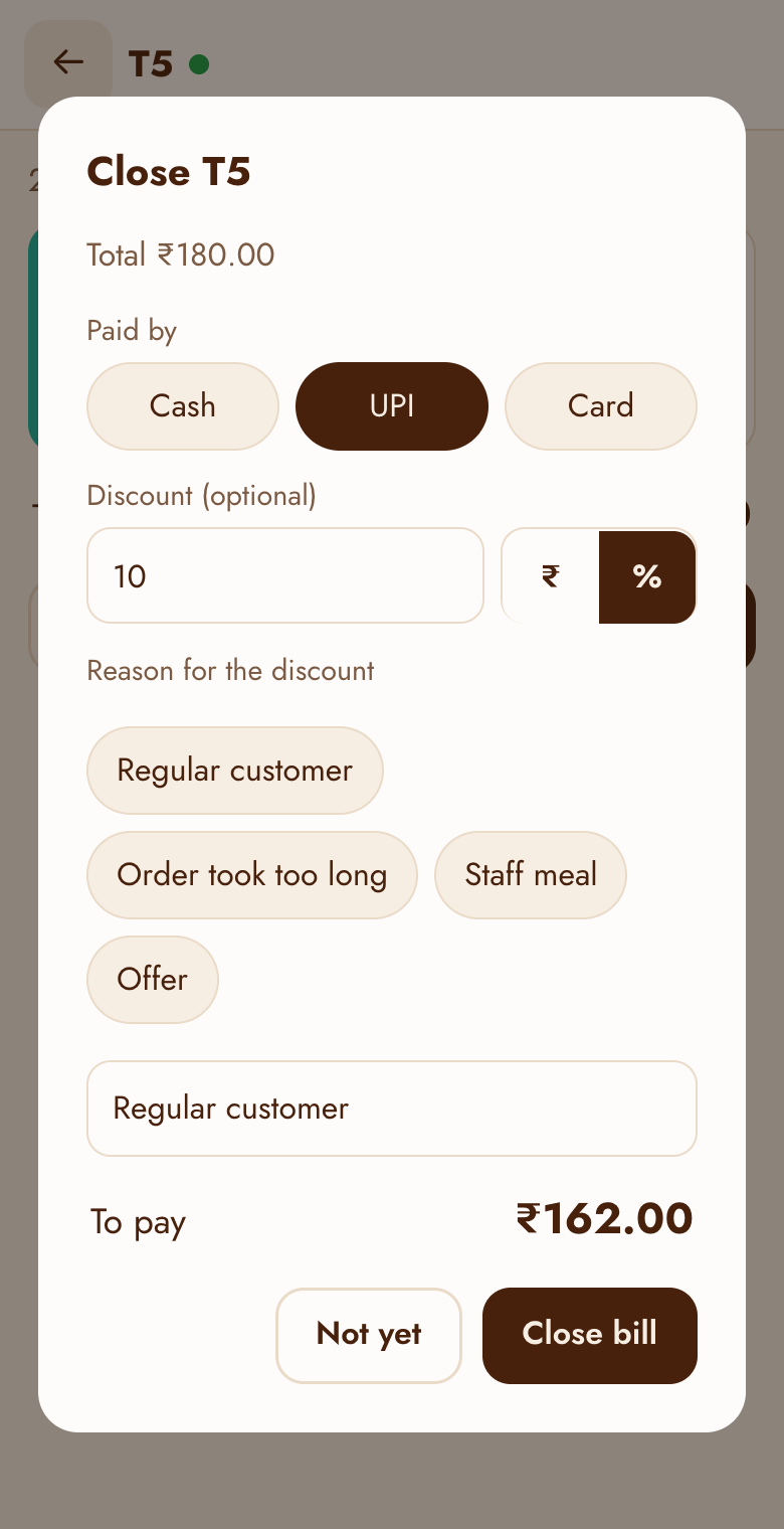 Close bill: payment method and a 10% discount