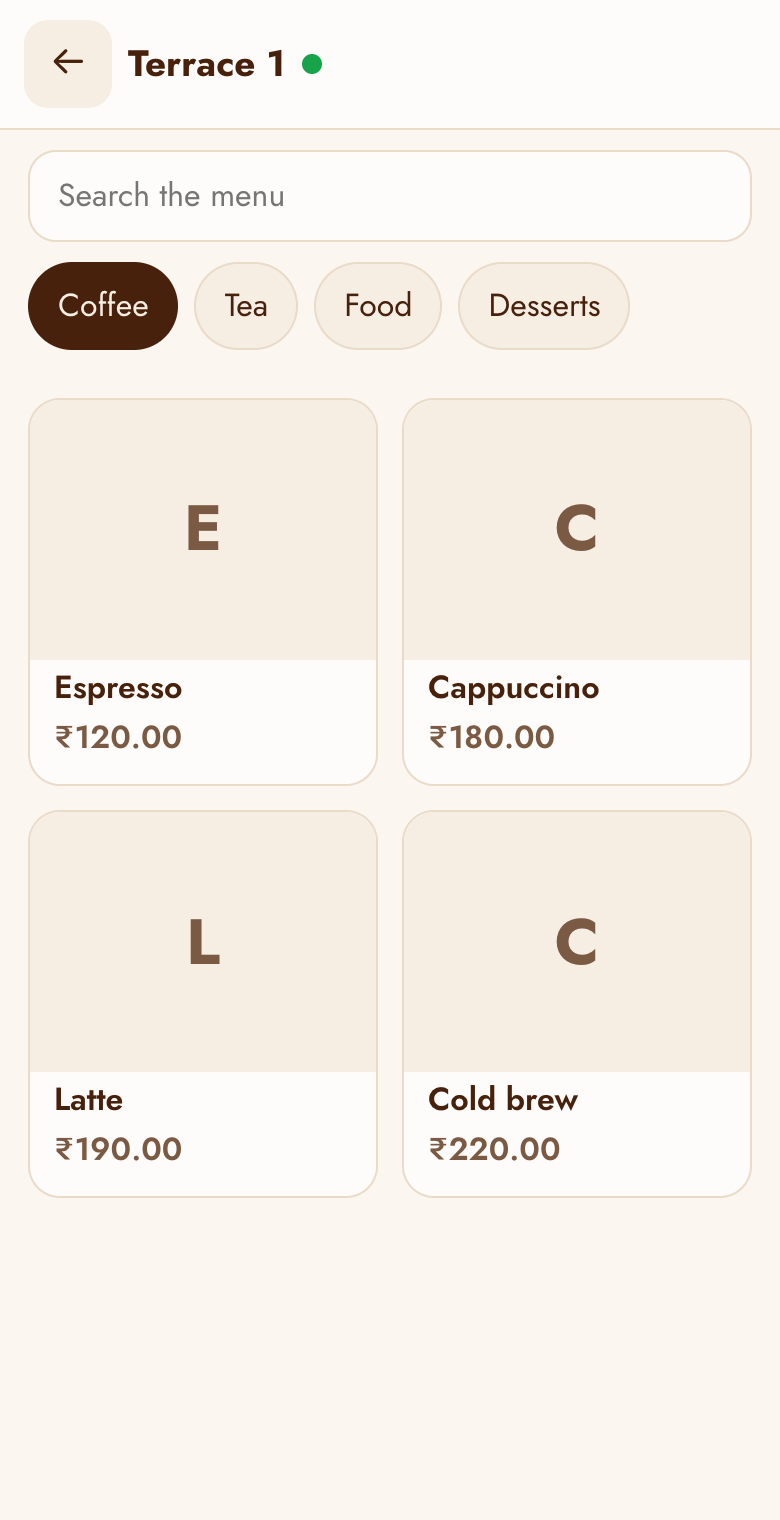 The web menu, empty order